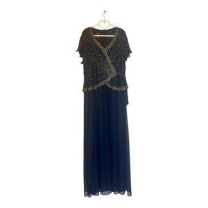 J Kara Women's Plus Size Short Flutter Sleeve V-Neck Long Beaded Gown
